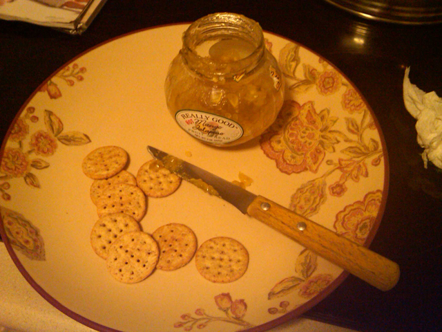 Dinner: whole wheat crackers and mango jalapeno spread! from evjakes
