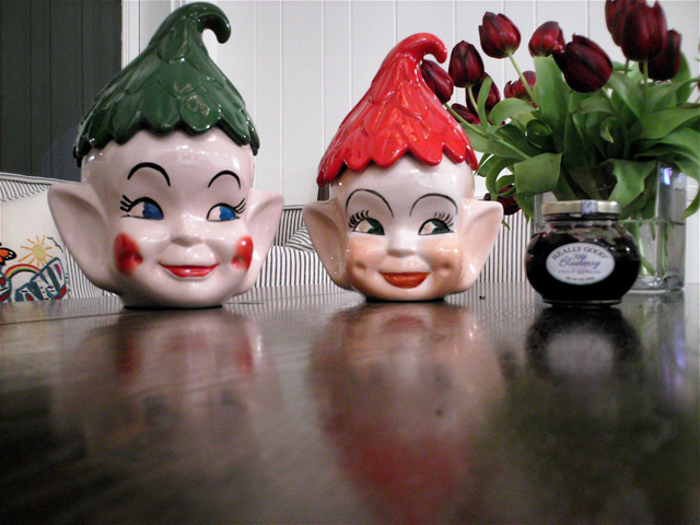Scary Elf Heads eying defenseless jar of Really Good Wild Blueberry. from Charlie E